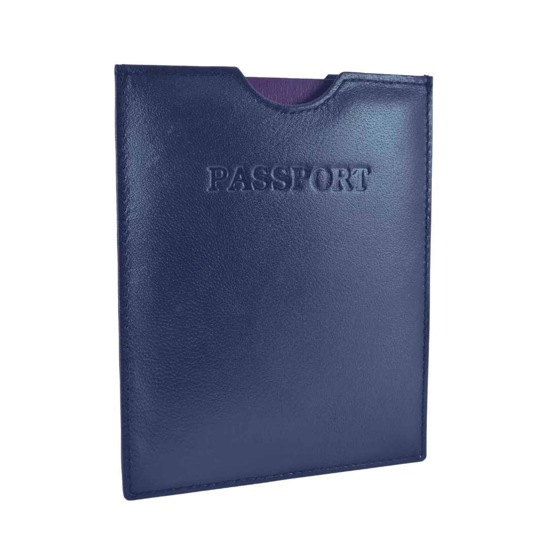 Travel Passport Holder Sleeve Protector Cover Real Leather — Navy