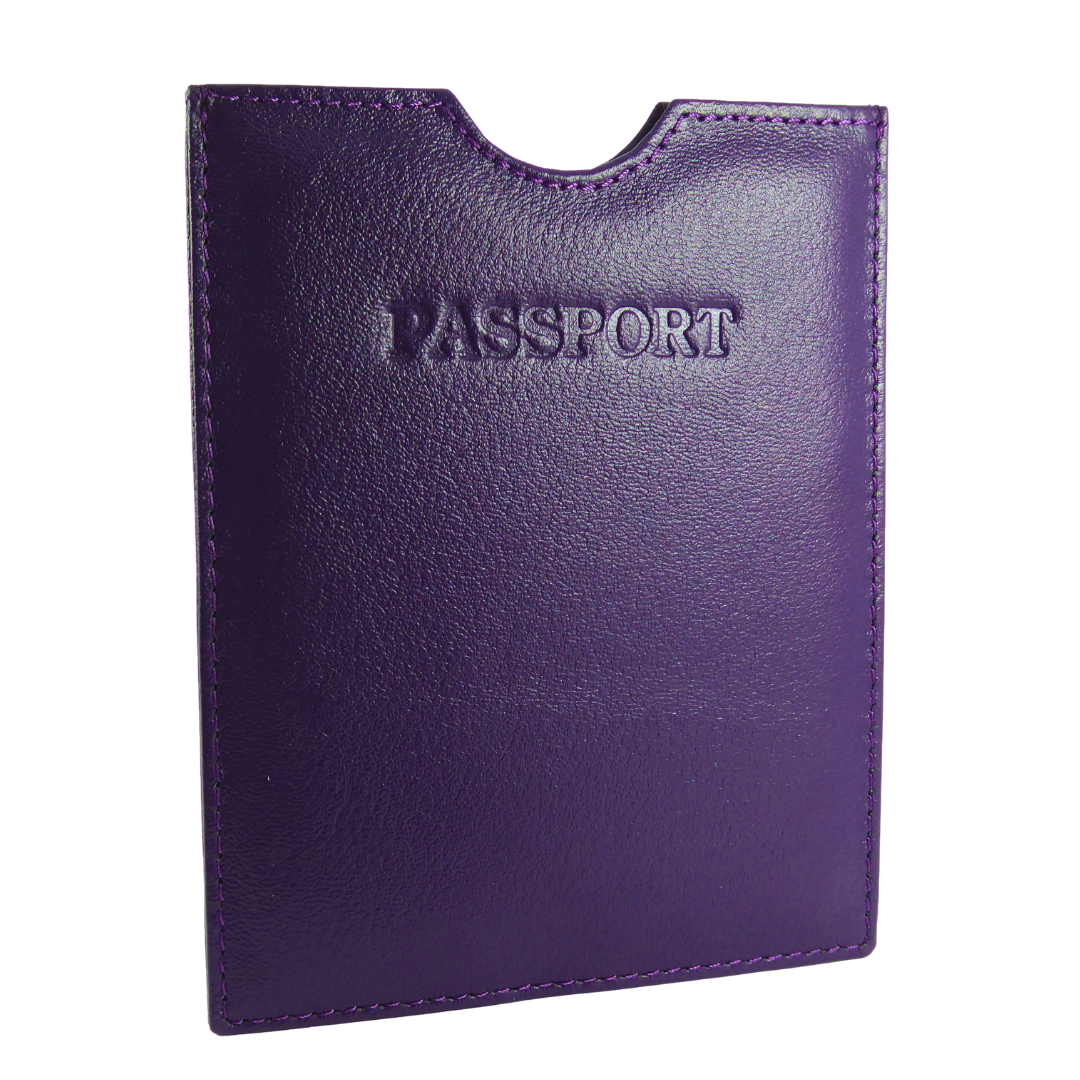 Travel Passport Holder Sleeve Protector Cover Real Leather — Purple