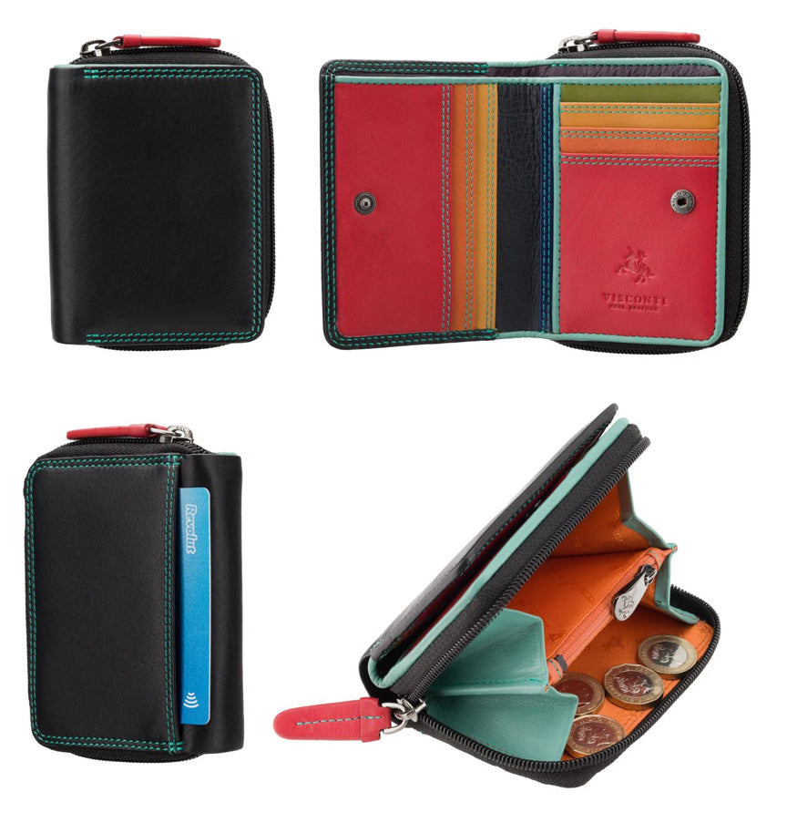 Womens Small Compact Purse Multi Coloured - Real Leather - RFID