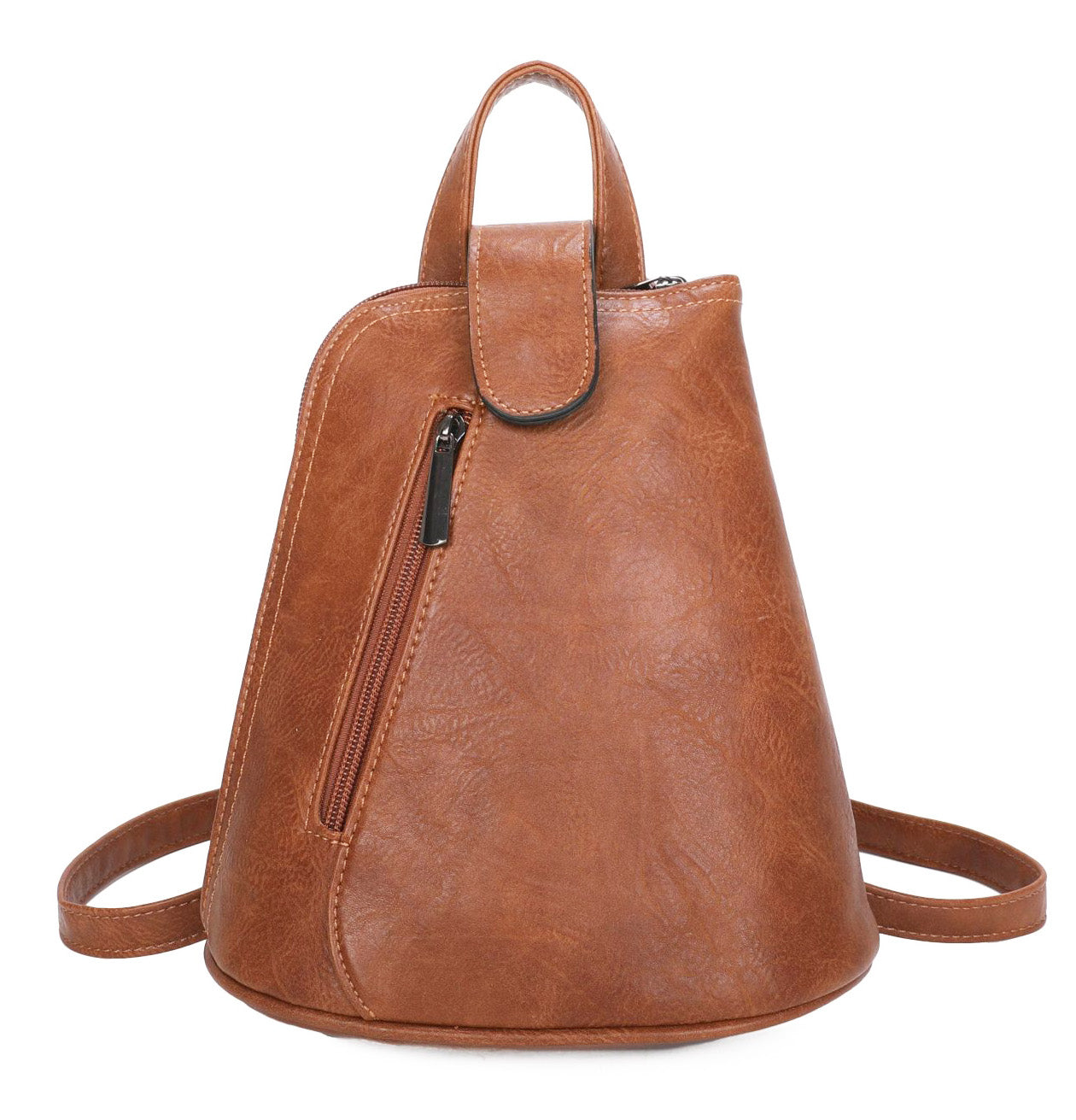 Small Triangular Backpack Shoulder Bag with Tab Top — Brown