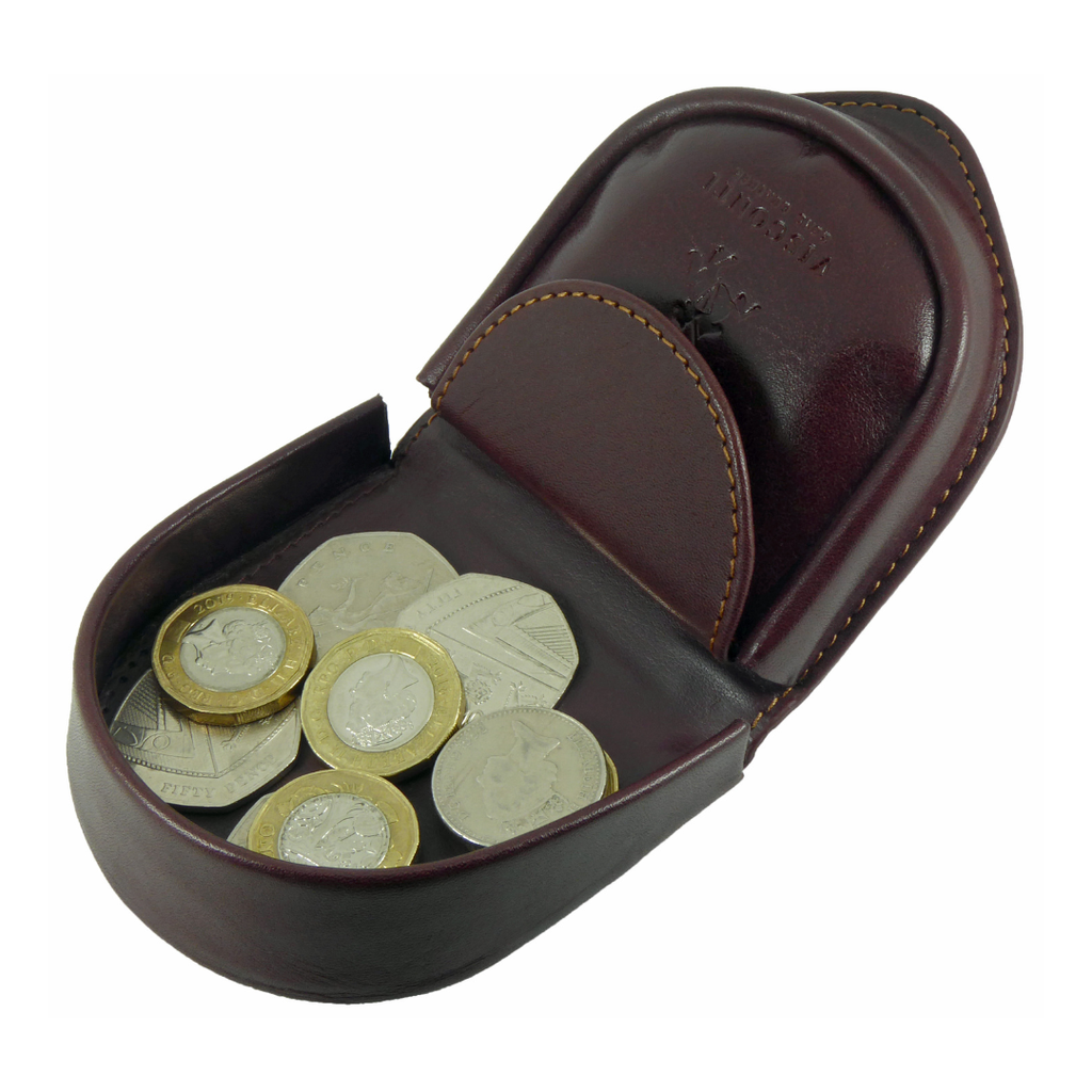 Premium Leather Coin Horseshoe Tray Purse Wallet Boxed - VISCONTI brown colour open with coins