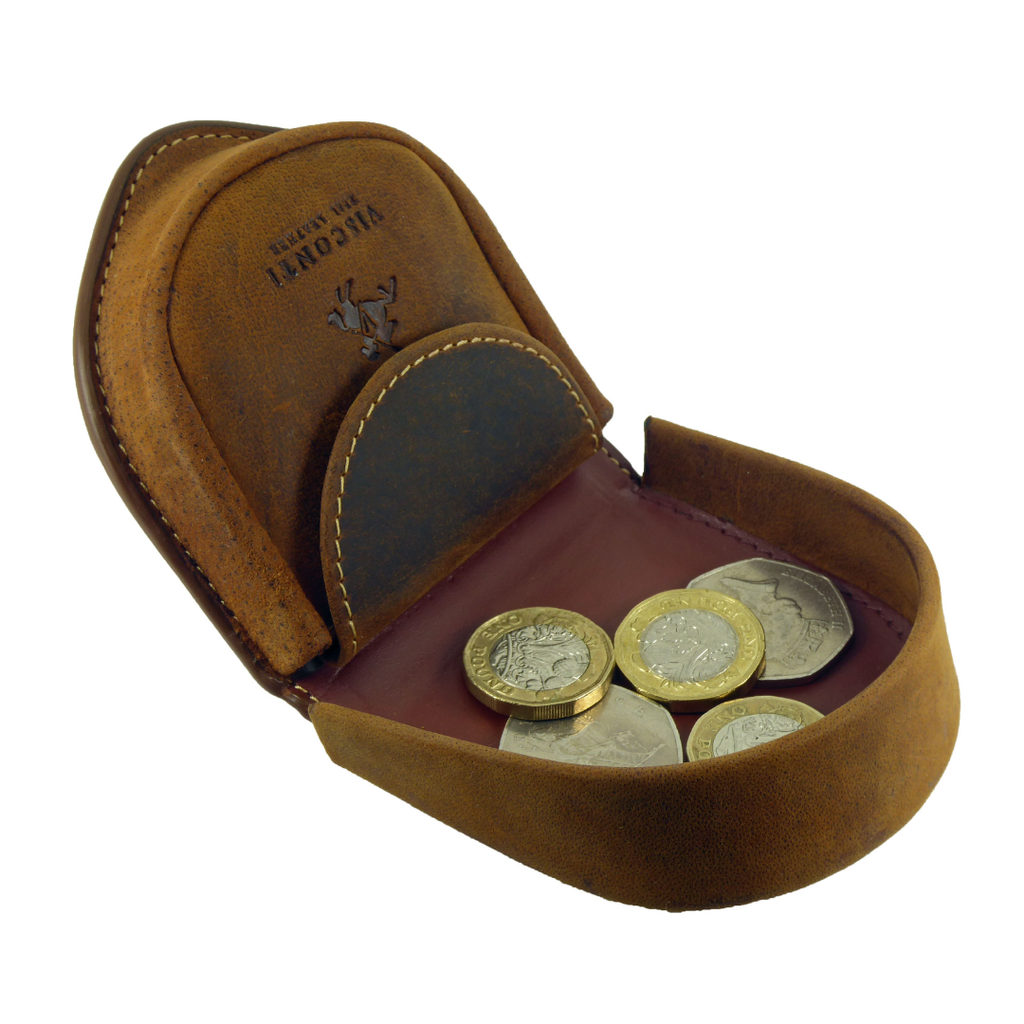Premium Leather Coin Horseshoe Tray Purse Wallet Boxed - VISCONTI tan colour open