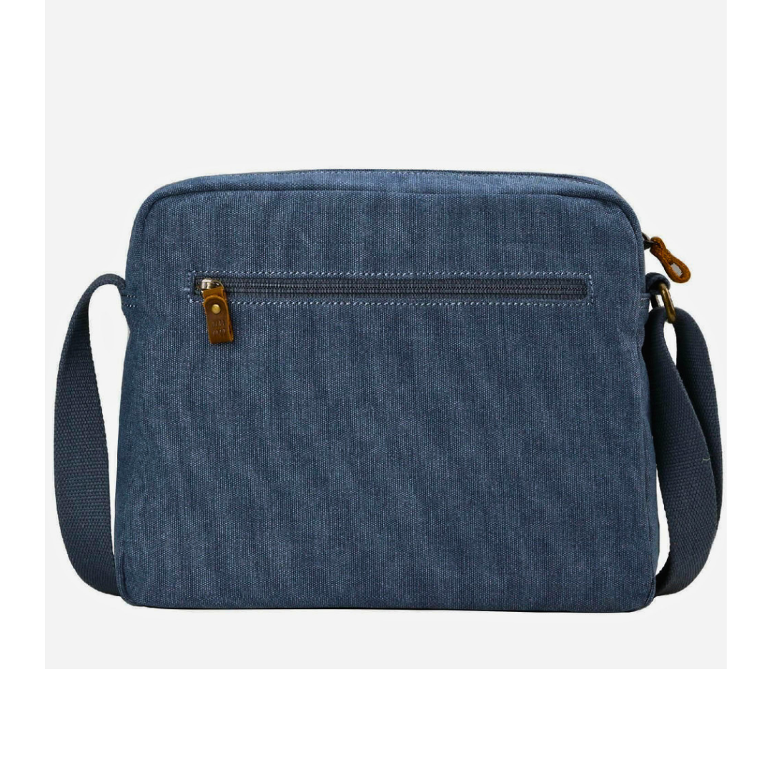 Blue rear view showing the rear zip Troop London Large Canvas Cross-body Bag - A4 Size & Brass Hardware with an adjustable shoulder strap, shown against a plain white background.
