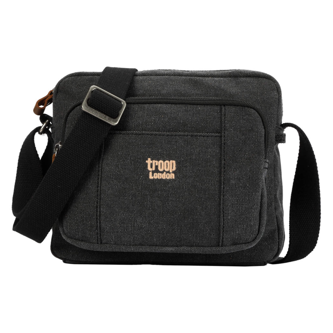 Black Troop London Small Canvas Cross-body Bag - Lightweight & Brass Hardware  front pocket, shown against a plain white background.