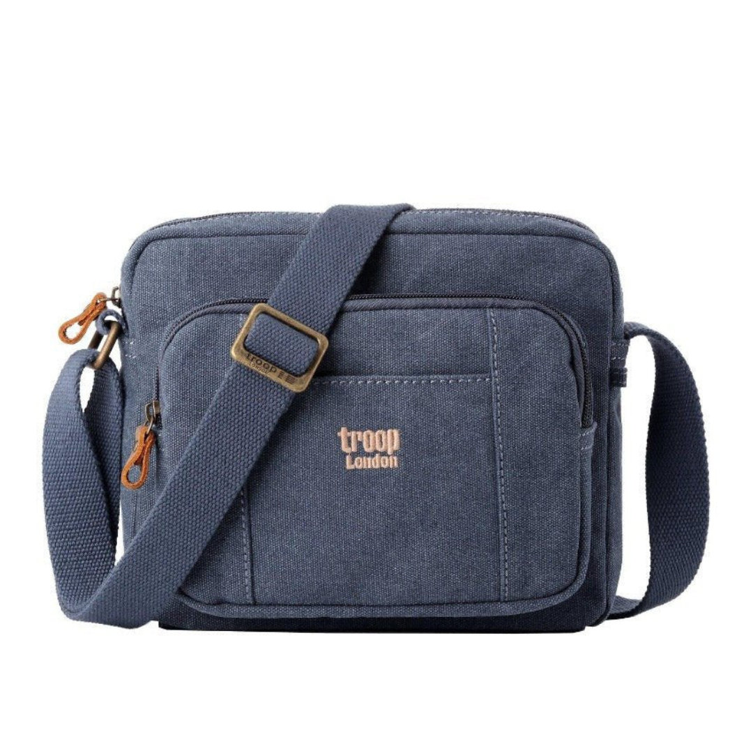 Blue Troop London Small Canvas Cross-body Bag - Lightweight & Brass Hardware on a white background 
