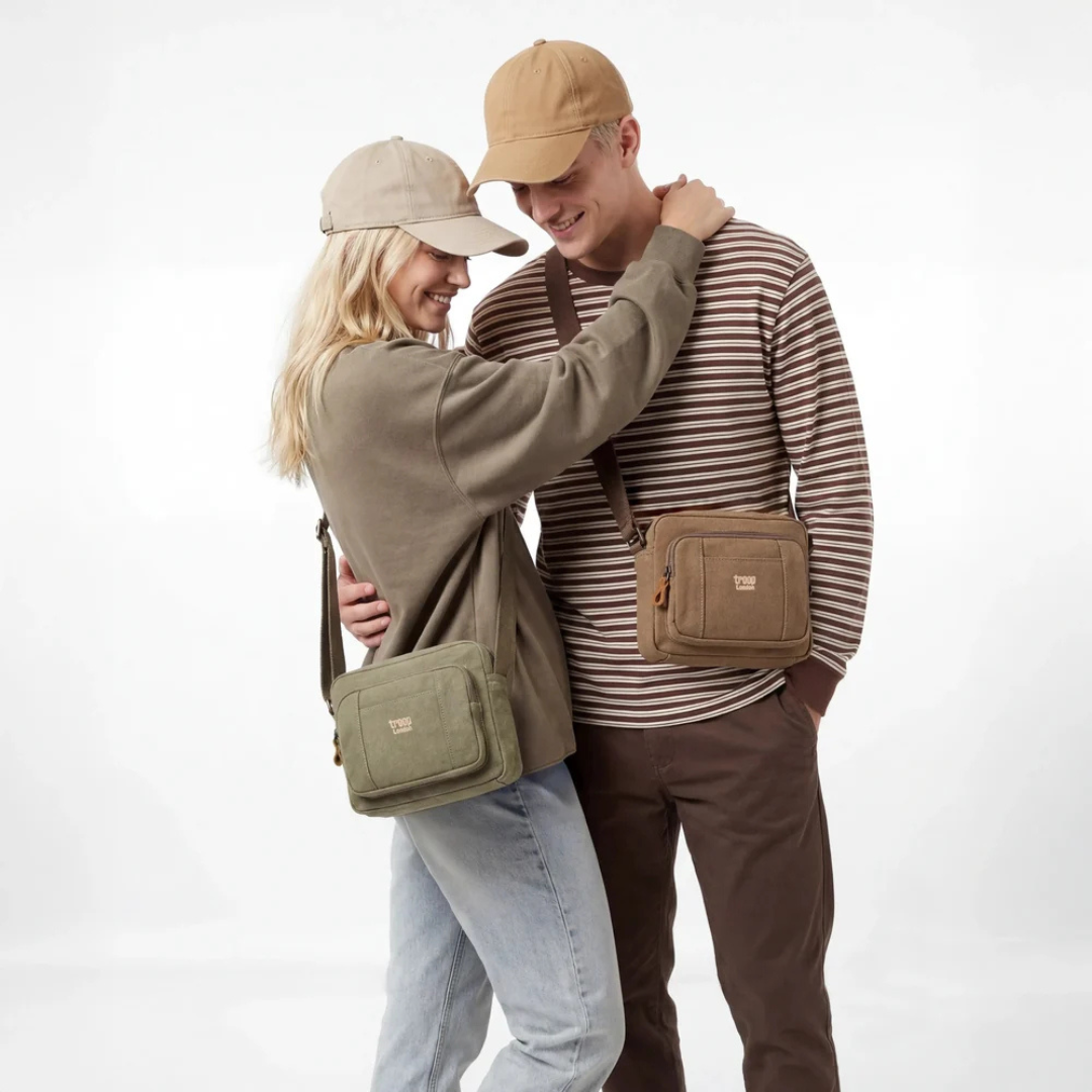 two people wearing Troop London Small Canvas Cross-body Bag - Lightweight & Brass Hardware