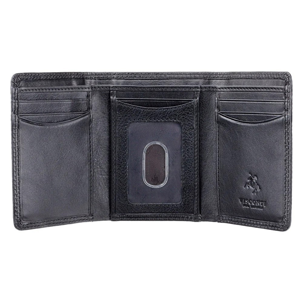 Black Visconti real leather trifold wallet with 7 card slots — open showing card slots