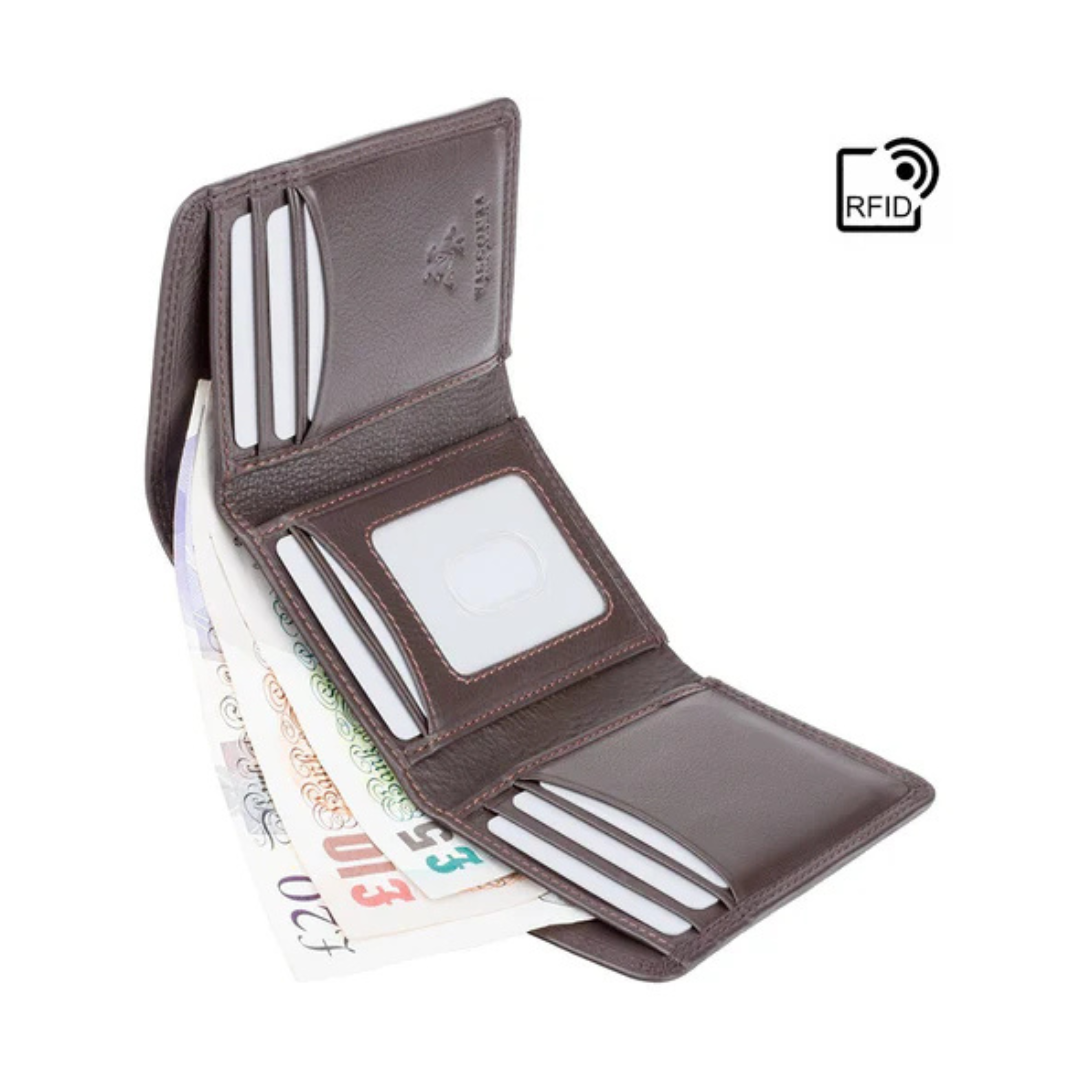 Brown Visconti real leather trifold wallet showing interior card slots and some banknotes
