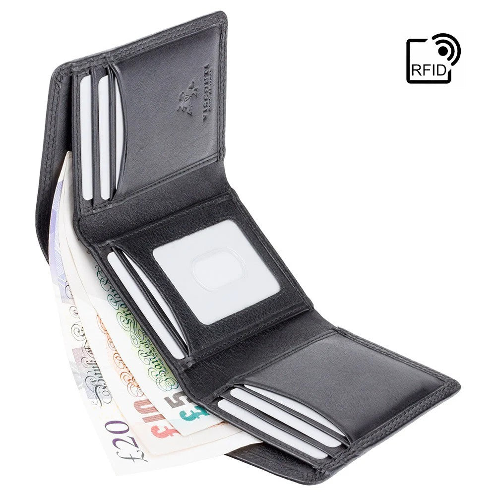 Black Visconti real leather trifold wallet — open note compartment view with notes inside