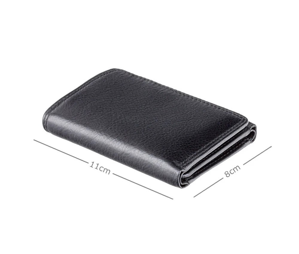 Black Visconti real leather trifold wallet — closed with measurements