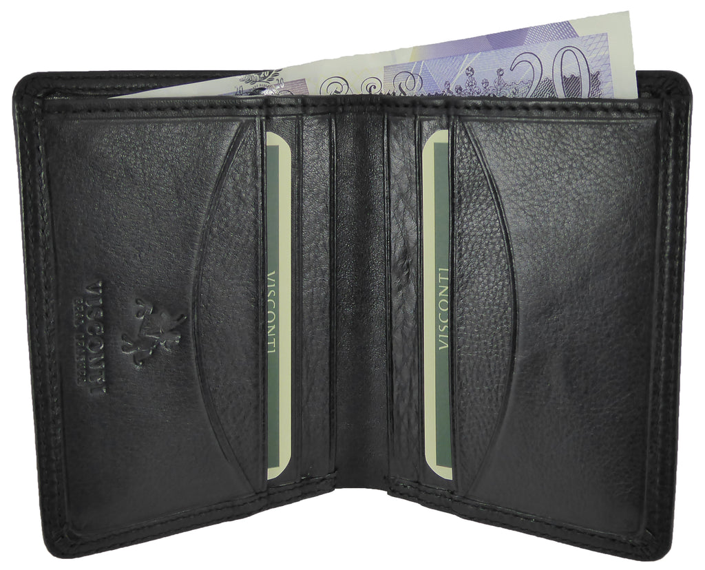 Black Slim Card Note Wallet - 8 Card Slots - Real Leather Visconti