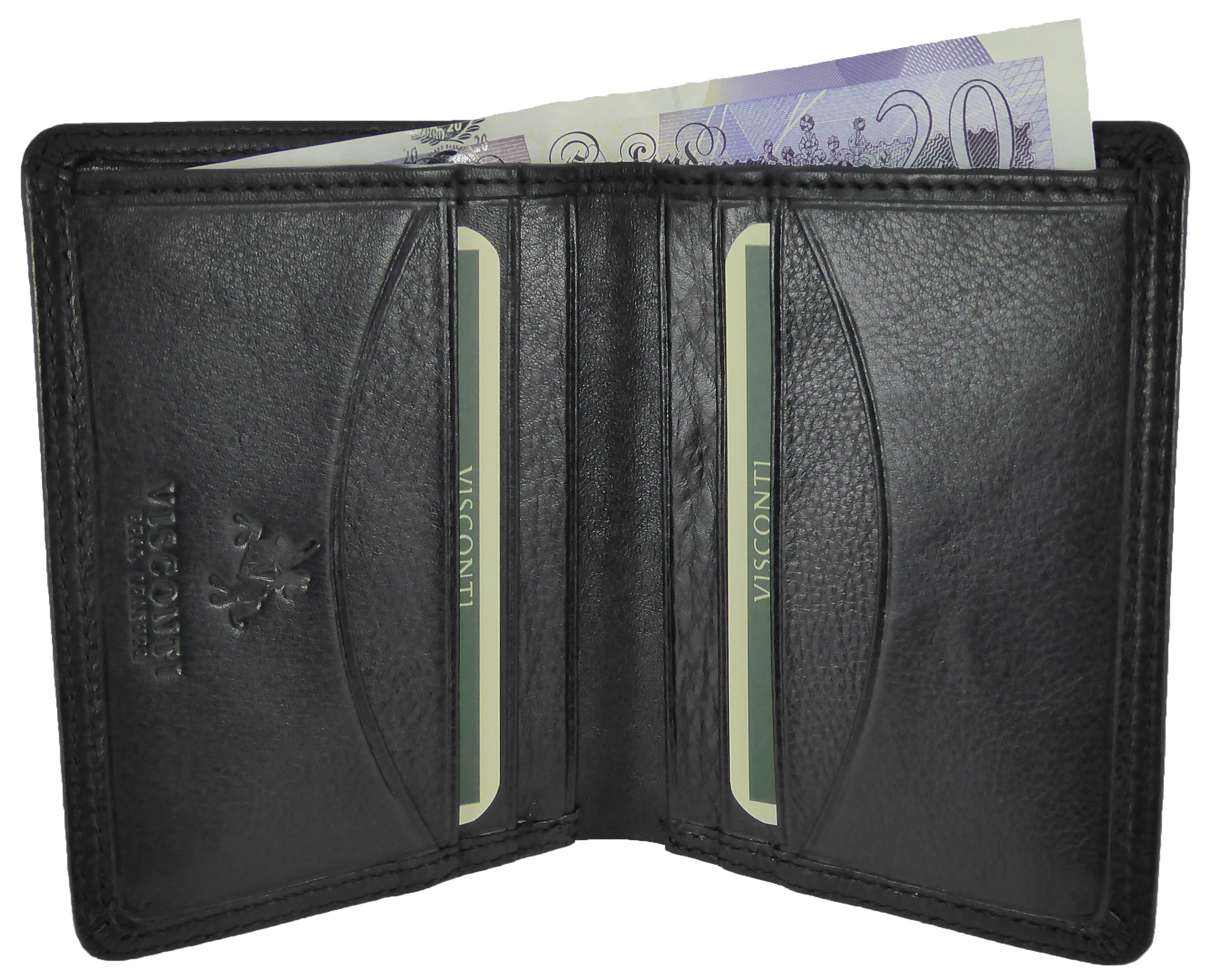 Black Slim Card Note Wallet - 8 Card Slots - Real Leather Visconti