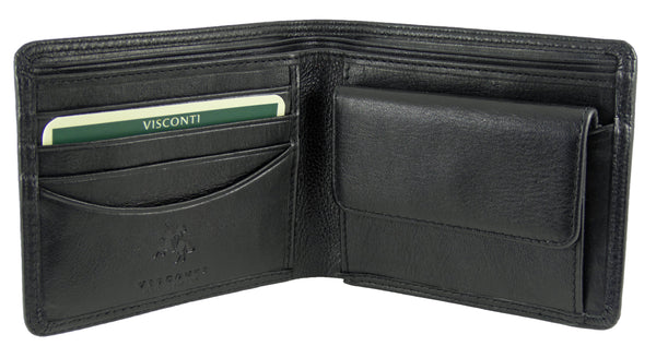 Mens Leather Bifold Coin Wallet 2 Notes 4 cards Visconti