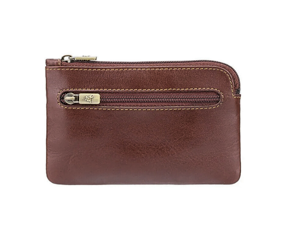 Leather Card, Coin, Keys Zip Purse — Brown