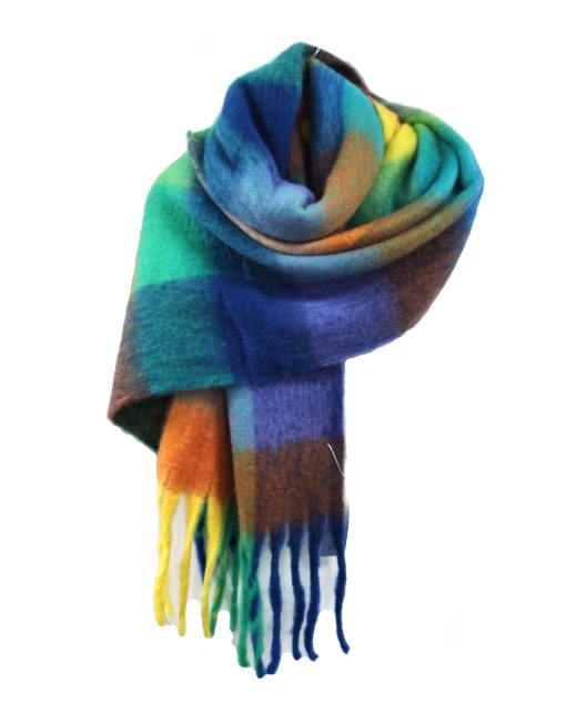 Large Thick Fluffy Blanket Scarf Shawl Chunky Oversized Checked Winter — Blue/Green/Yellow