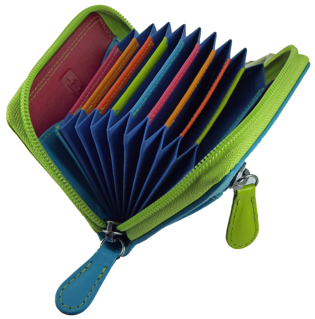 Green Concertina Fan Card Holder Wallet RFID Real Leather