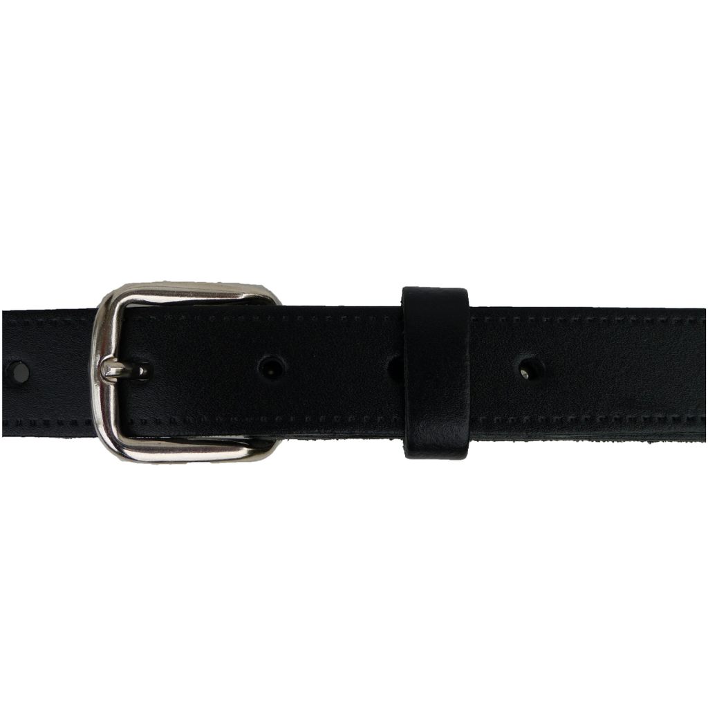 Hide and Sleek black real leather belt 1 inch wide with rectangular chrome buckle, handmade in the UK - close up