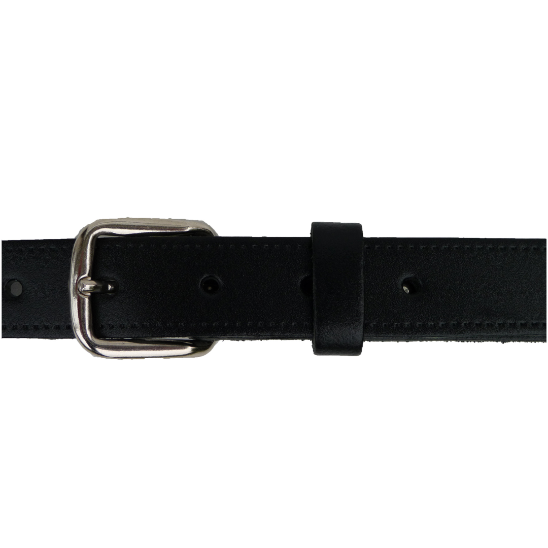 Hide and Sleek black real leather belt 1 inch wide with rectangular chrome buckle, handmade in the UK - close up