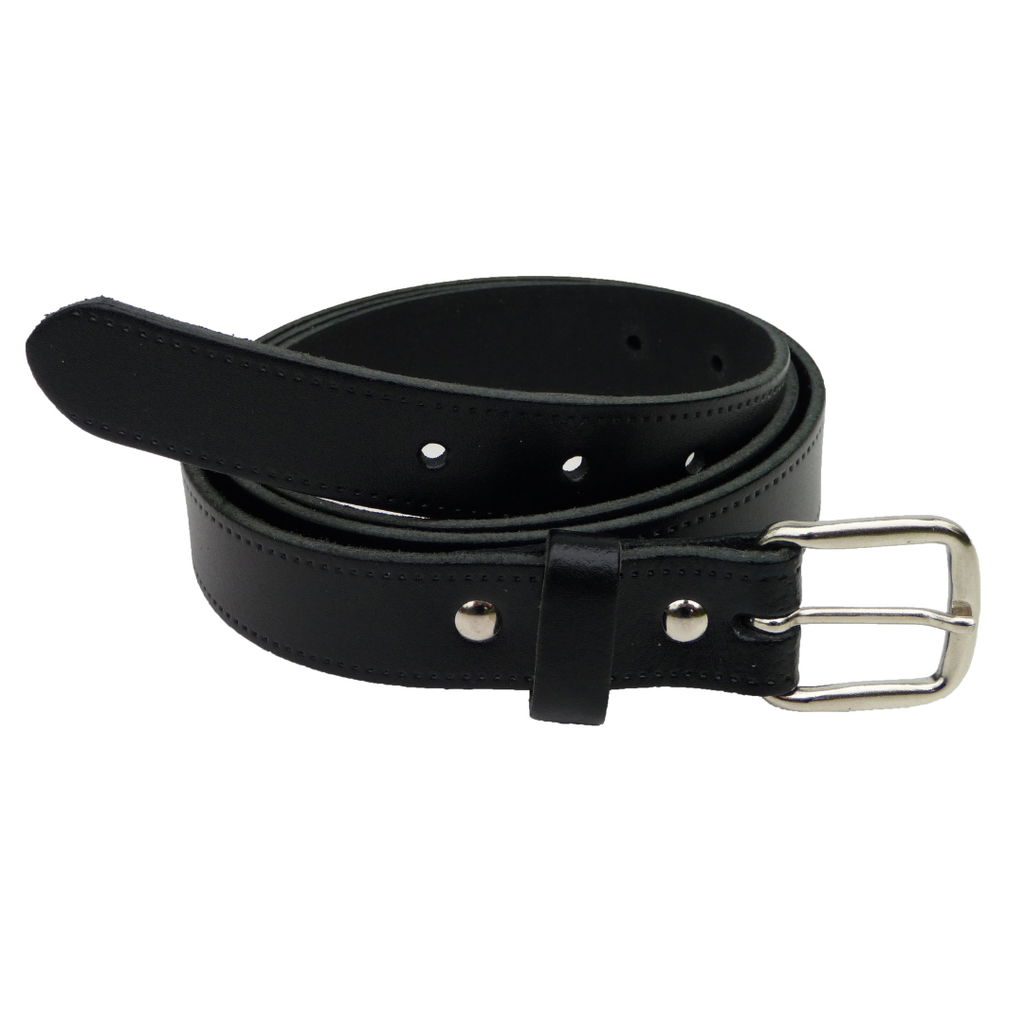 Hide and Sleek black real leather belt 1  inch wide with rectangular chrome buckle, handmade in the UK