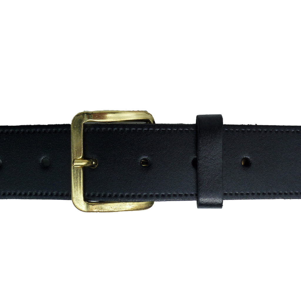 1 1/4" Wide Leather Belt Black Brass Buckle - close up