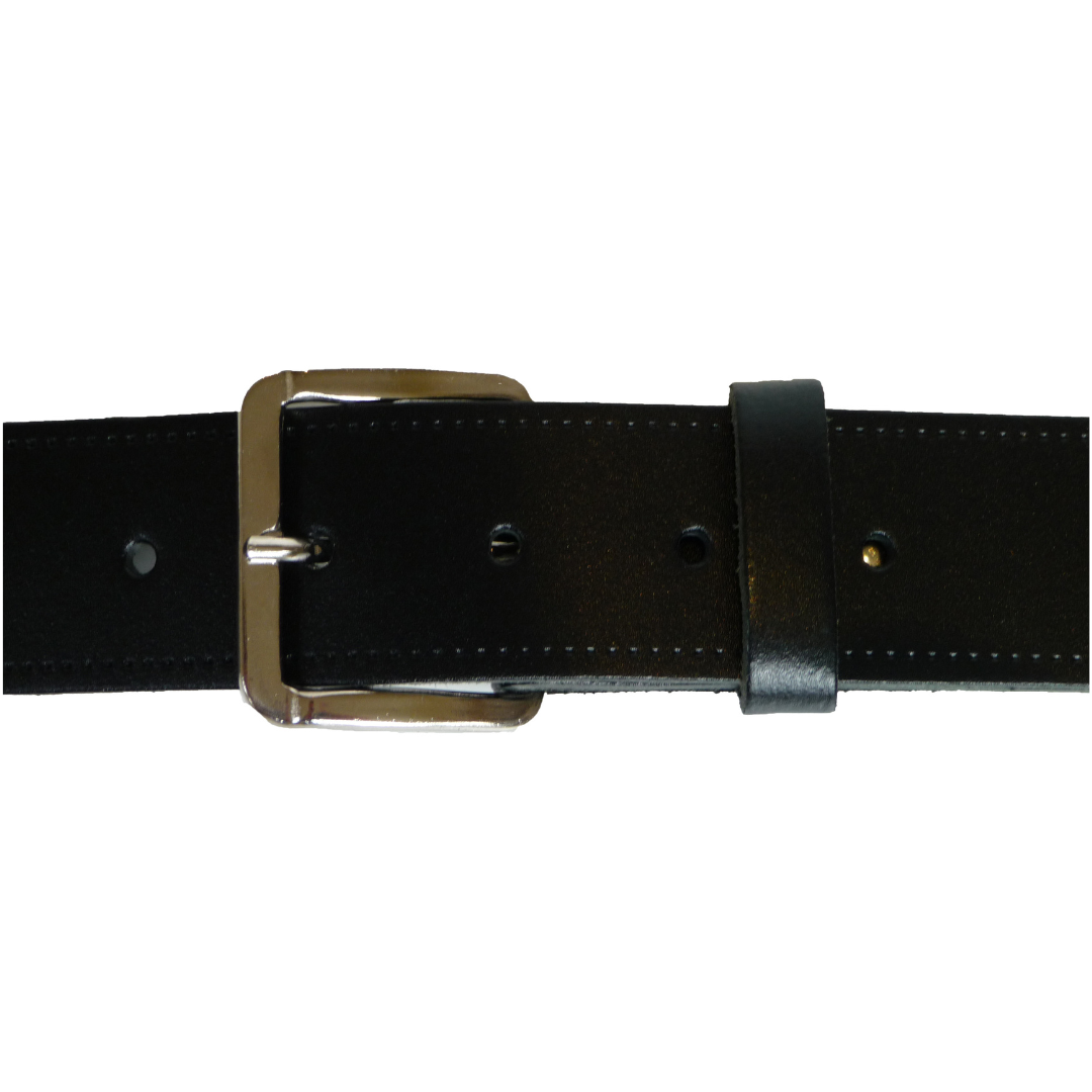 Hide and Sleek black real leather belt 1 inch wide with rectangular chrome buckle, handmade in the UK - close up