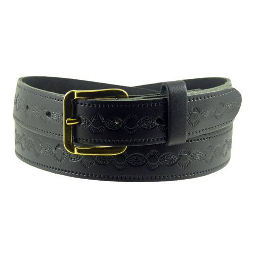 Hide and Sleek black embossed real leather belt 1 1/4 inch wide with brass effect buckle, handmade in the UK
