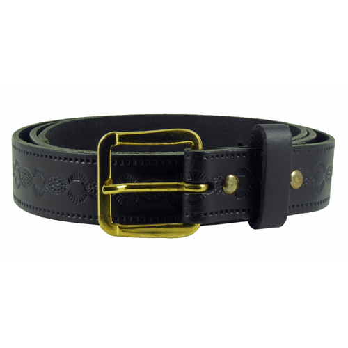 Detail view of Hide and Sleek black embossed leather belt showing texture pattern, riveted return and brass effect buckle 1 1/4 inch