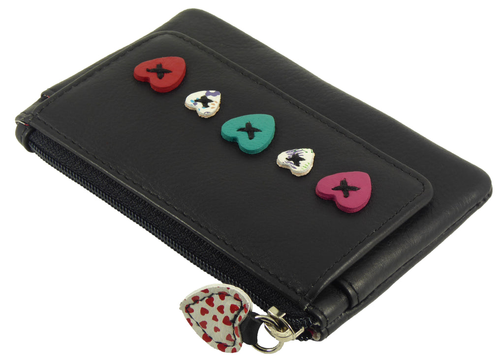 Heart Design Small Coin Key Card Purse Wallet Real Leather — flat lay view