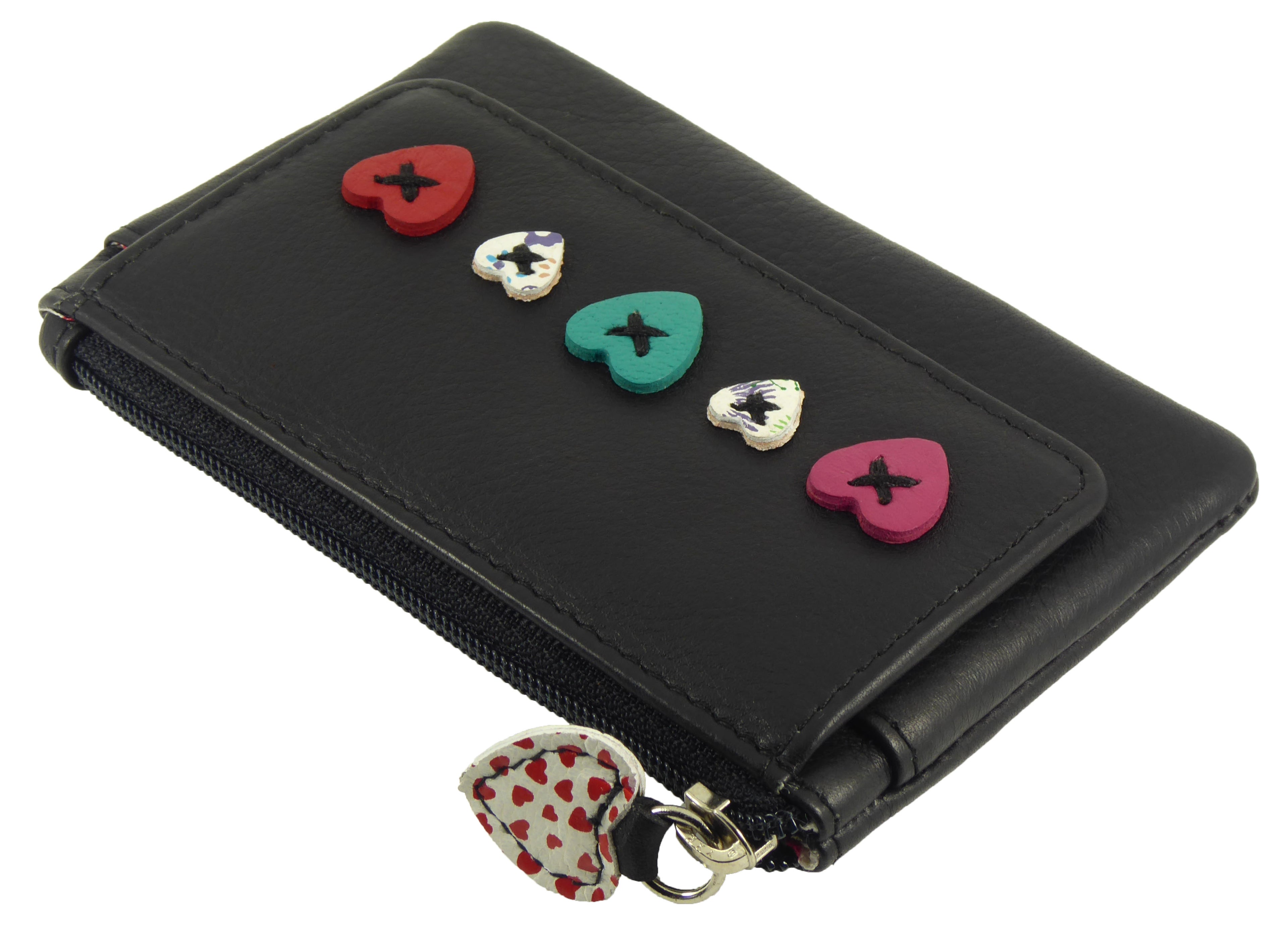 Heart Design Small Coin Key Card Purse Wallet Real Leather — flat lay view