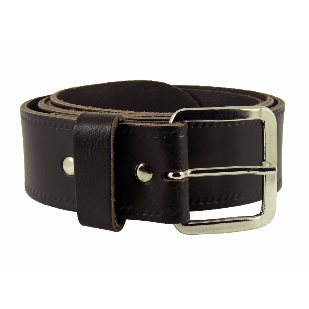 Detail view of Hide and Sleek brown 1.5 inch leather belt showing riveted return and chrome buckle - real leather handmade in UK