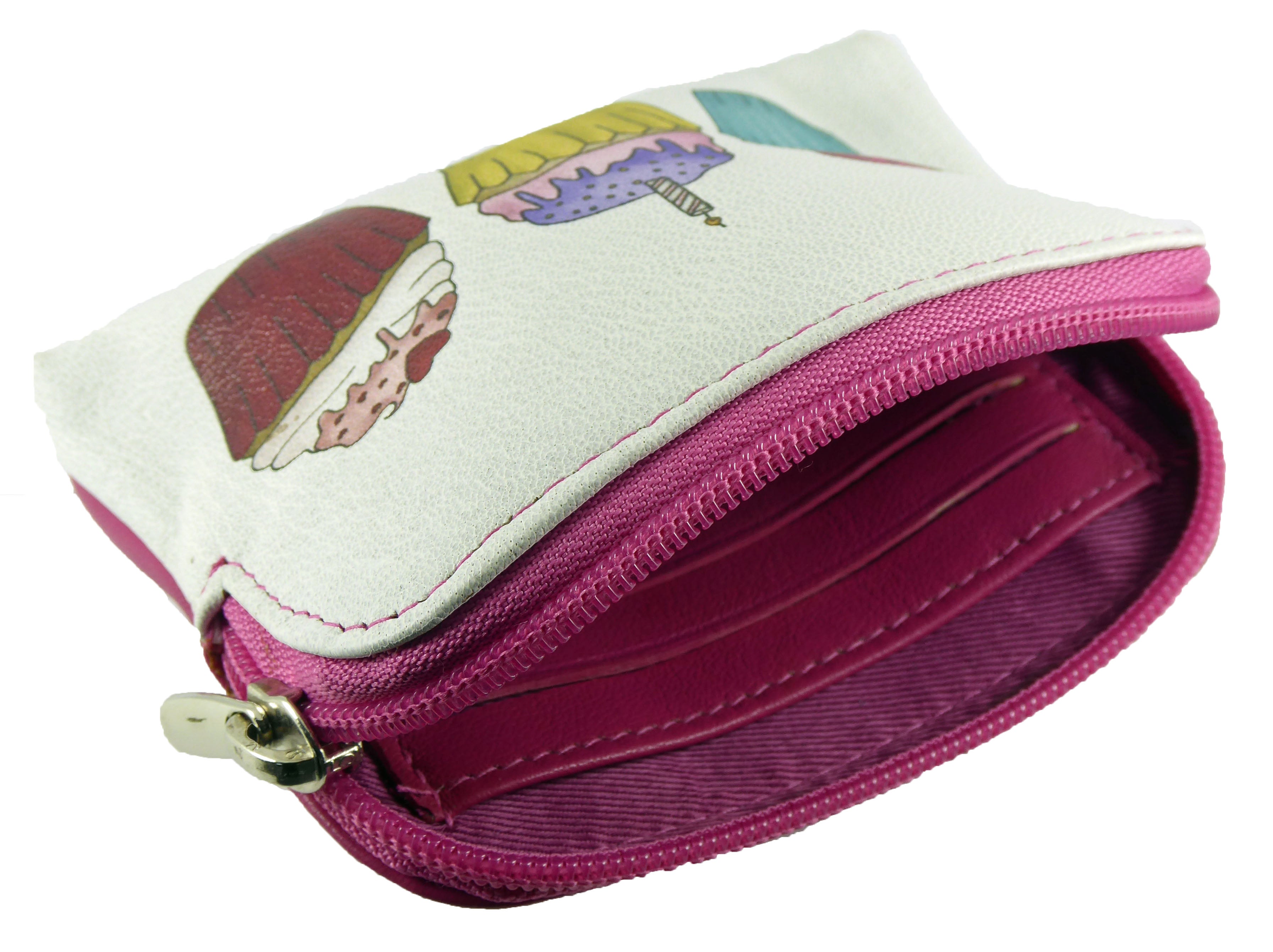 Interior of Hide and Sleek cupcake leather coin purse showing 3 card slots and fabric lining