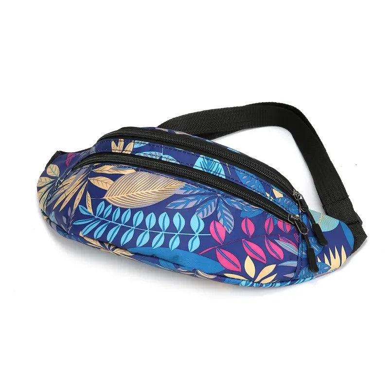 Nylon Floral Bumbag Waist Hip Bag - Holidays, Everyday, Travel, Festivals — Blue