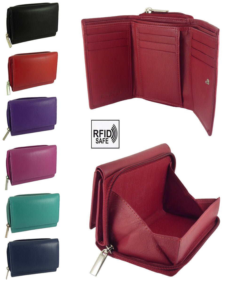 Imperfect Ladies Real Leather Zip-around Coin Tray Purse, RFID Protected