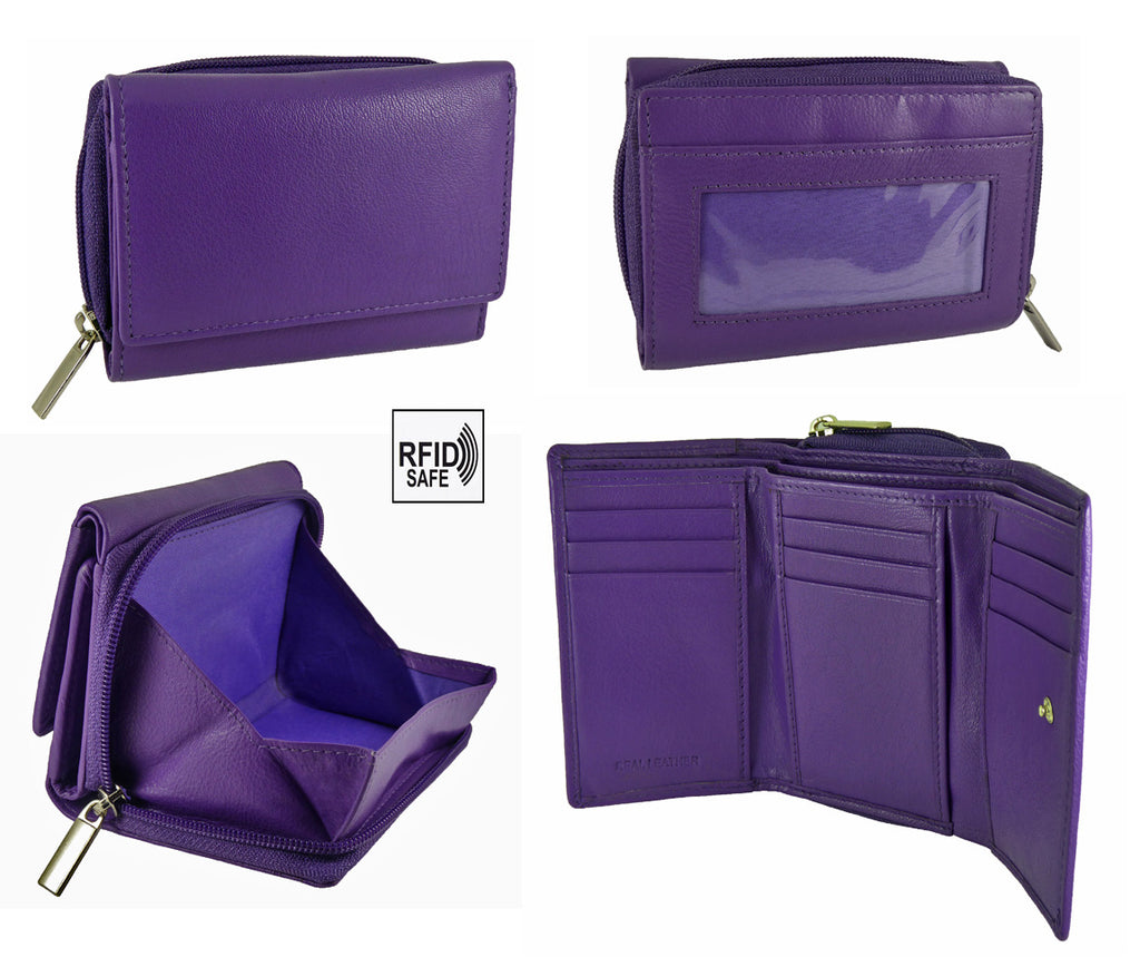 Lorenz real leather RFID zip-around coin tray purse in Purple - closed front view