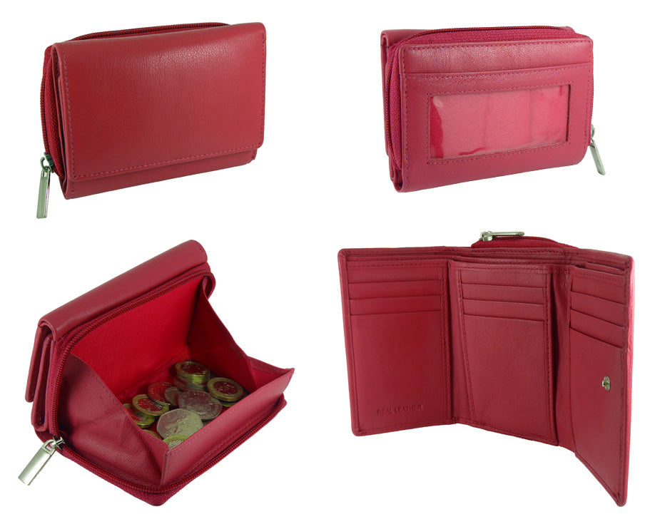Lorenz real leather RFID coin tray purse in Red - open interior showing 12 card slots