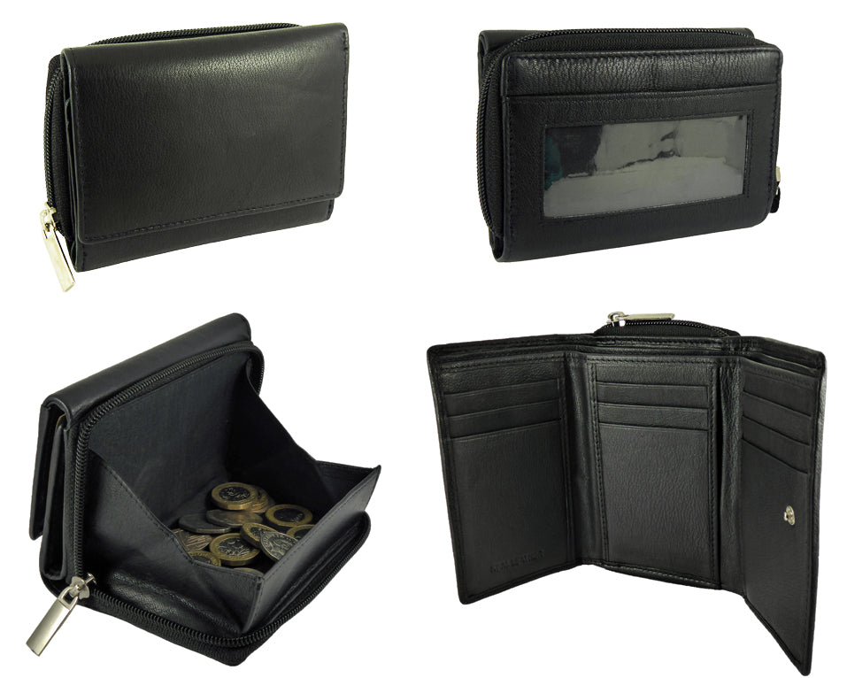 Zip-around Coin Tray Purse, RFID Protected Real Leather — Black