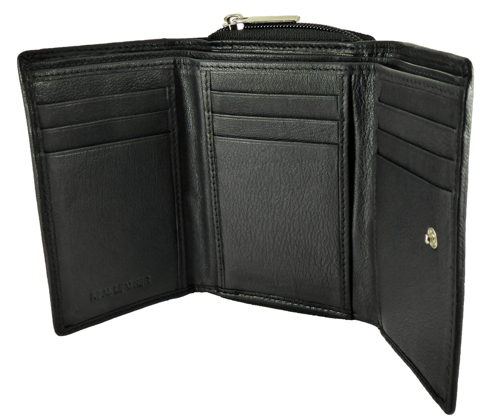 Black Zip-around Coin Tray Purse, RFID Protected Real Leather