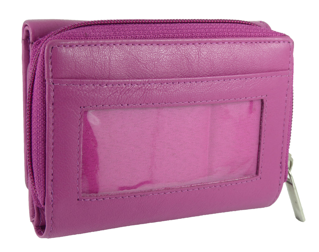 Pink Zip-around Coin Tray Purse, RFID Protected Real Leather