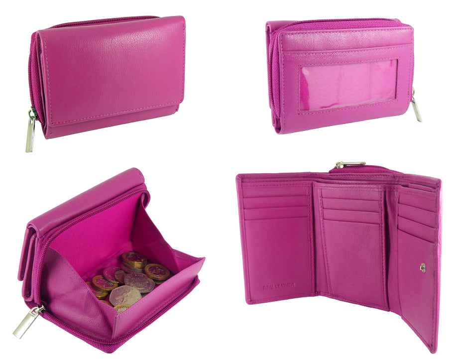 Zip-around Coin Tray Purse, RFID Protected Real Leather — Pink