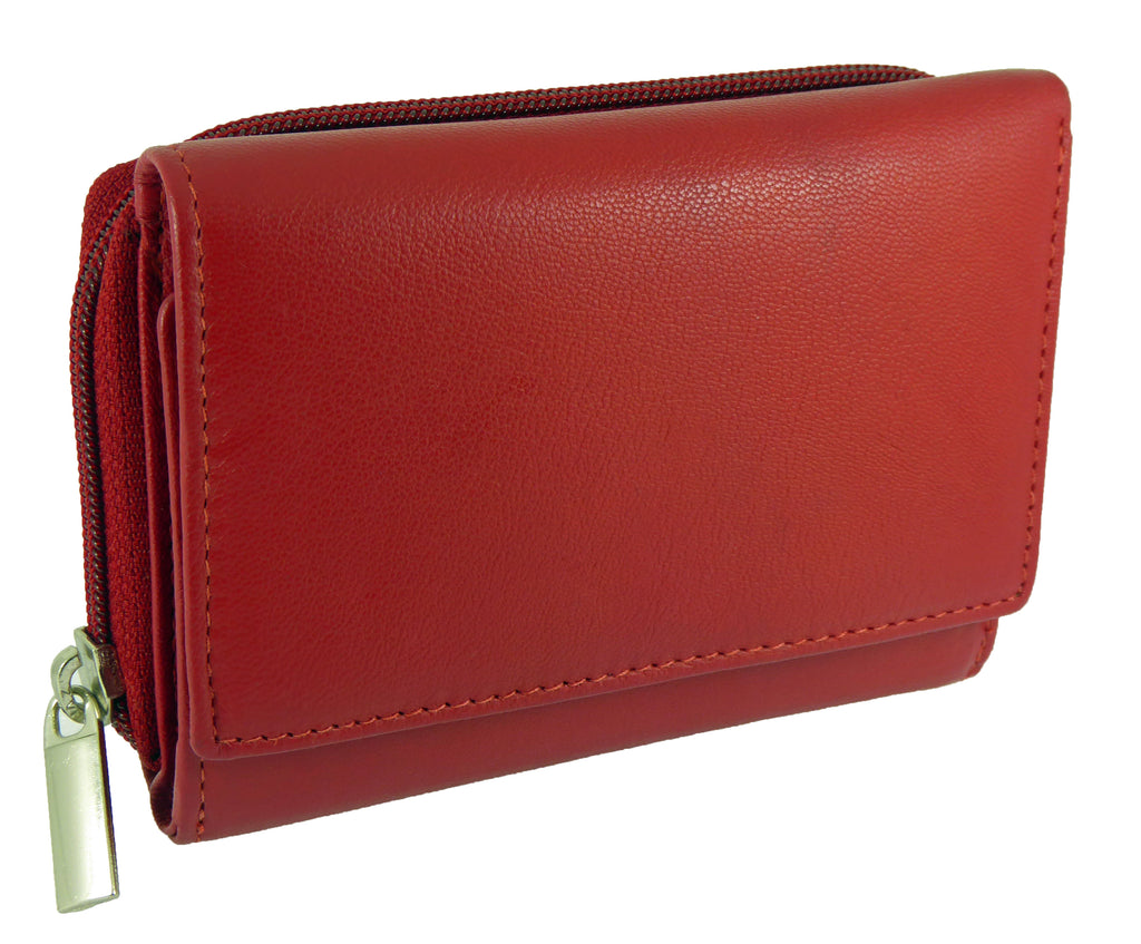 Red Zip-around Coin Tray Purse, RFID Protected Real Leather