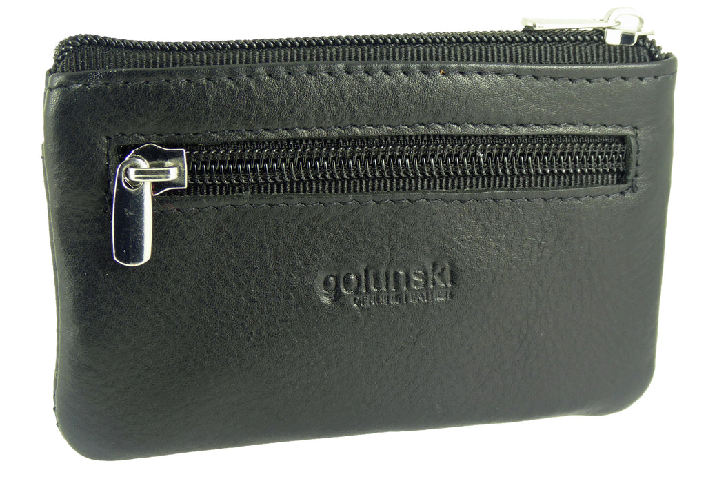 Black Small Card Holder Coin Zip Purse with Front Flap Leather