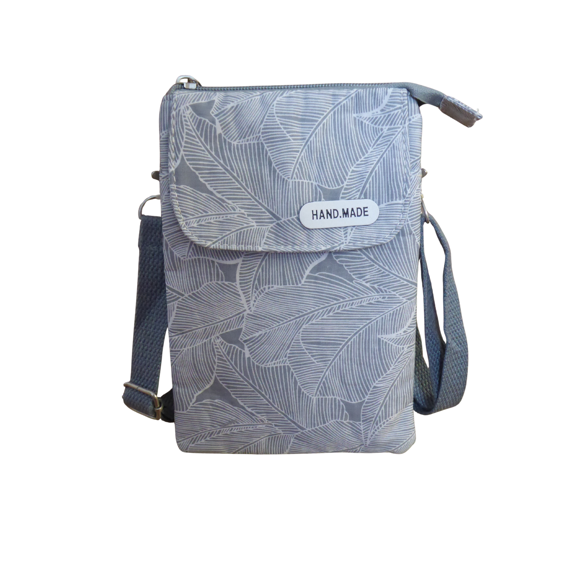 Small Leaf Print Crossbody Phone Bag - Dog Walking, Holidays, Travel — Grey