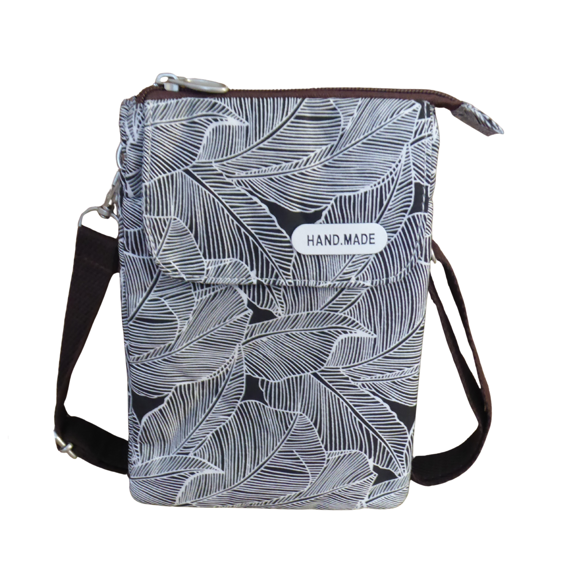 Small Leaf Print Crossbody Phone Bag - Dog Walking, Holidays, Travel — Black/Brown