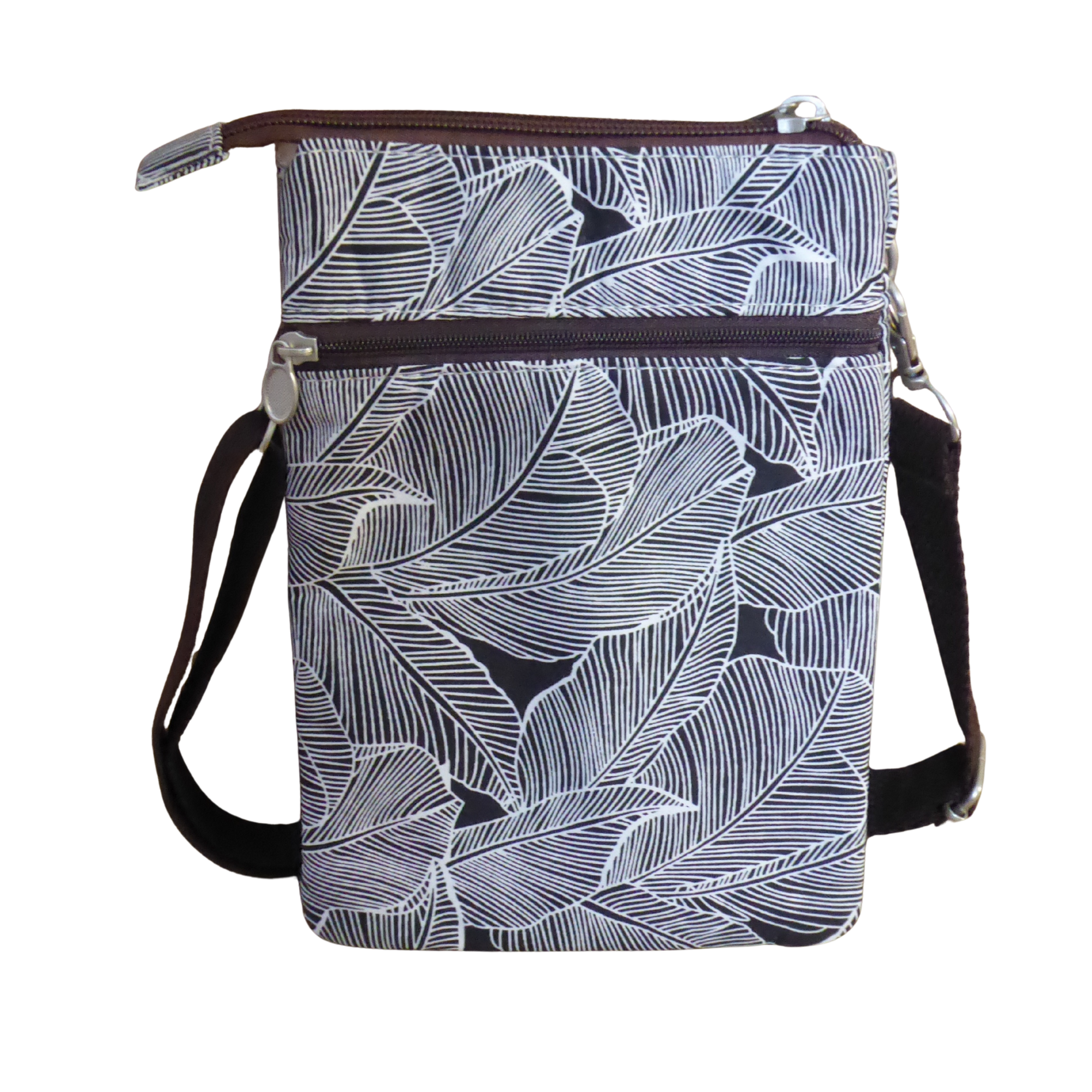 Black Small Leaf Print Crossbody Phone Bag - Dog Walking, Holidays, Travel