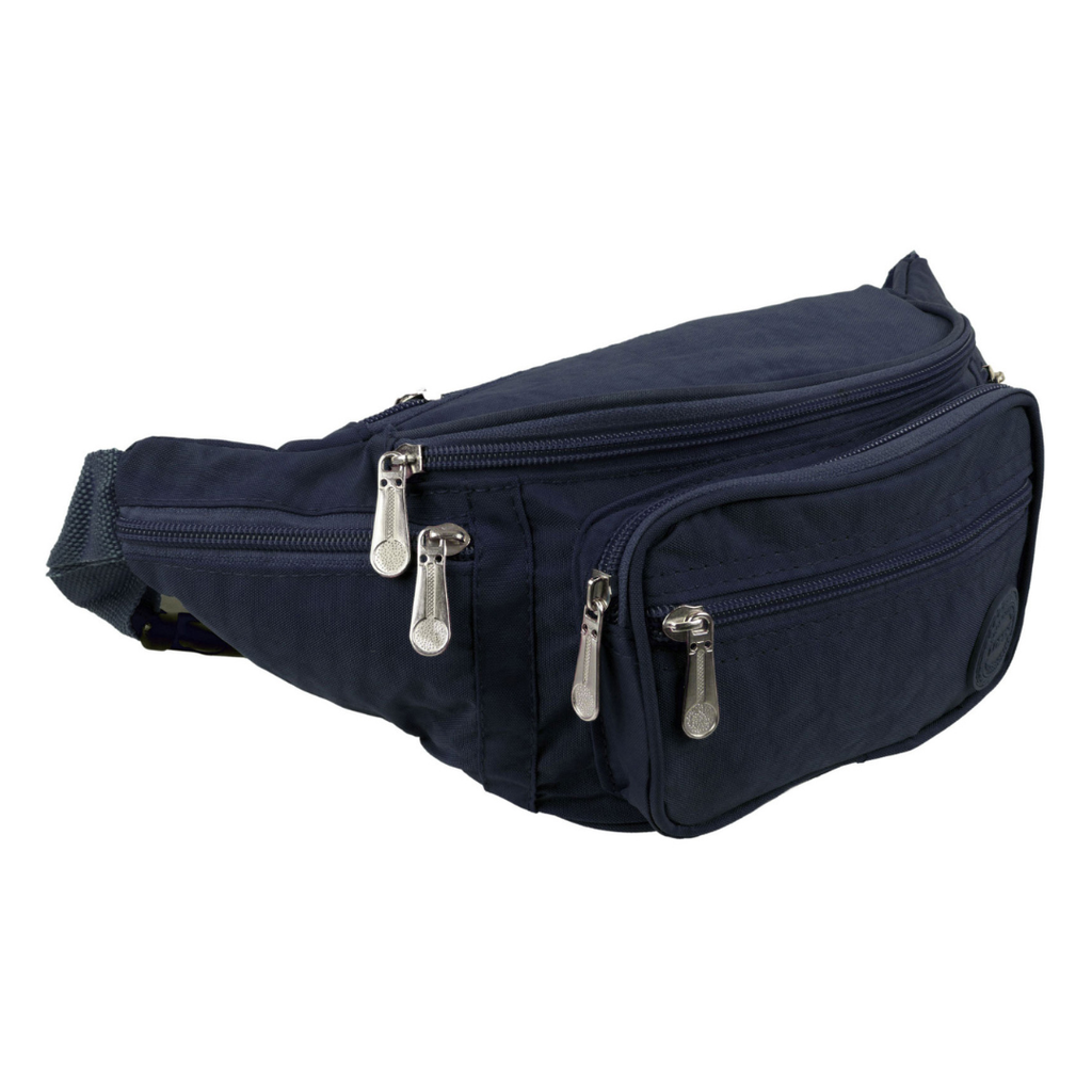 navy blue Lorenz Lightweight Bumbag & Waist Pack - 6 Zip Sections, Water Resistant close up