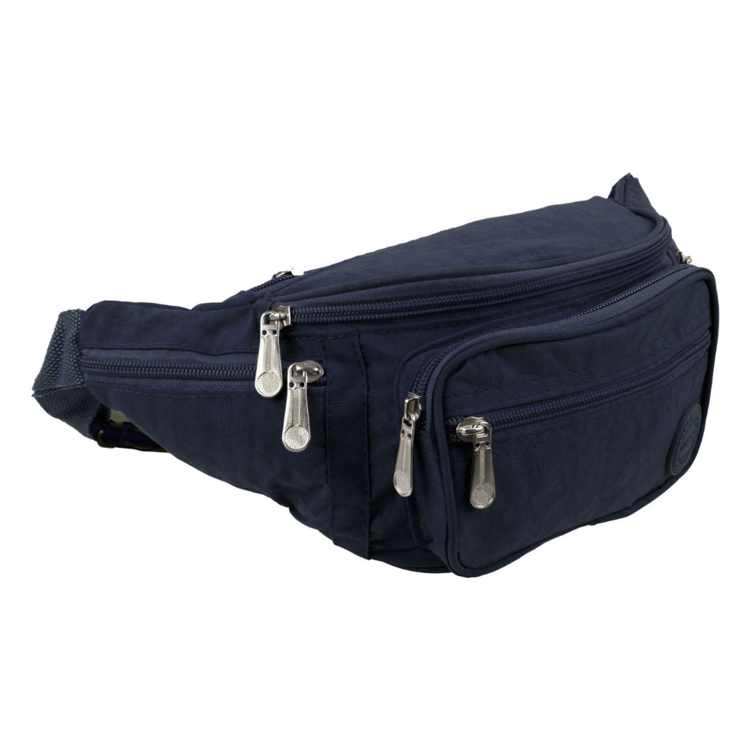 navy blue Lorenz Lightweight Bumbag & Waist Pack - 6 Zip Sections, Water Resistant close up