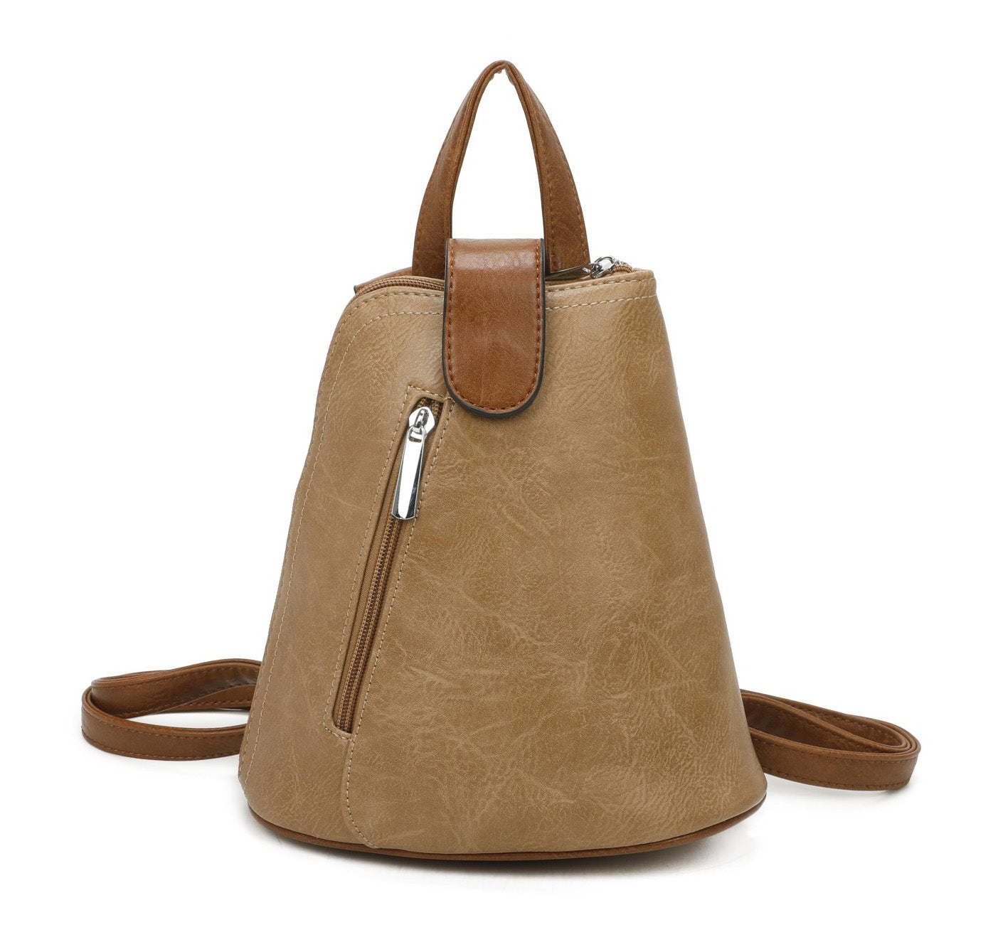 Small Triangular Backpack Shoulder Bag with Tab Top — Light Brown