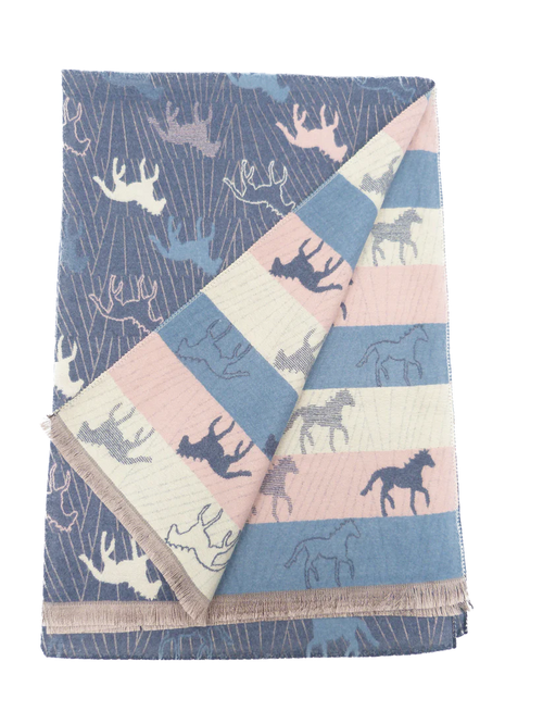 Hide and Sleek horse design ladies scarf shawl in Blue Multi - soft reversible wrap