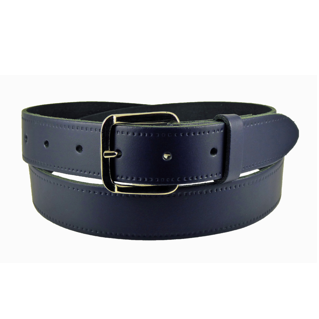 Hide and Sleek navy real leather belt 1 1/4 inch wide with rectangular chrome buckle, handmade in the UK