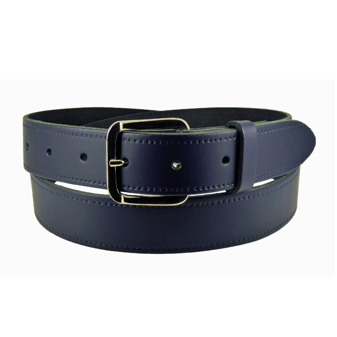 Hide and Sleek navy real leather belt 1 1/4 inch wide with rectangular chrome buckle, handmade in the UK